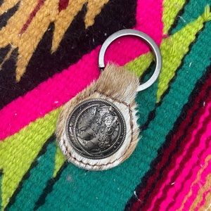 Montana west, genuine, cowhide, brown, and white keychain with silver